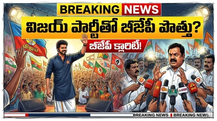 తమిళనాడు రాజకీయాల్లో గత కొద్ది రోజులుగా సినీ నటుడు విజయ్ స్థాపించిన 'తమిళగ వెట్రి కళగం' (TVK) పార్టీ మరియు బీజేపీ (NDA) పొత్తు గురించి పెద్ద ఎత్తున చర్చ జరుగుతోంది. ఈ ఊహాగానాలపై తమిళనాడు బీజేపీ అధ్యక్షుడు నైనార్ నాగేంద్రన్ తాజాగా స్పష్టతనిచ్చారు.