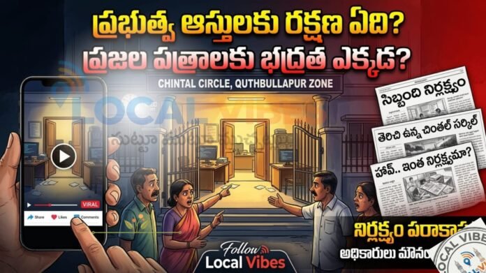 చింతల్ సర్కిల్ కార్యాలయంలో సోమవారం ప్రజావాణి ముగిసిన తర్వాత తాళం వేయకుండానే సిబ్బంది వెళ్ళిపోయిన ఘోర నిర్లక్ష్యం. కార్యాలయ ప్రధాన గేటు, తలుపులు రాత్రిపూట తెరిచే ఉన్న దృశ్యాలు. ప్రజల విలువైన కంప్యూటర్లు, కీలక పత్రాలు దొంగలపాలైతే బాధ్యులెవరు?